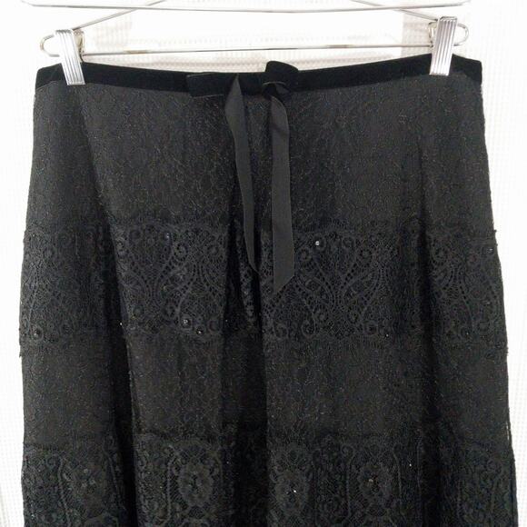 ANN TAYLOR! BLACK SEQUINNED LACE, BLACK VELVET RIBBON TRIM A-LINE SKIRT! SZ 14 - Picture 3 of 8